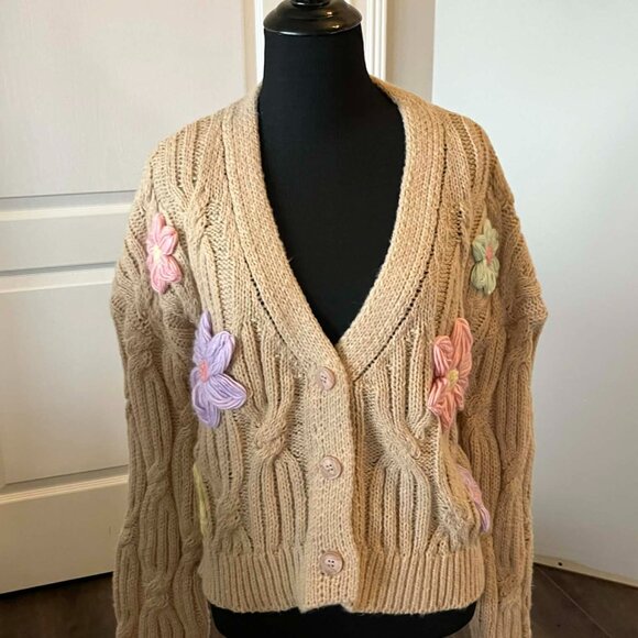 new in Sweaters - New in Mocha Cable Knit Cardigan with pastel Yarn Flowers Women's size Medium